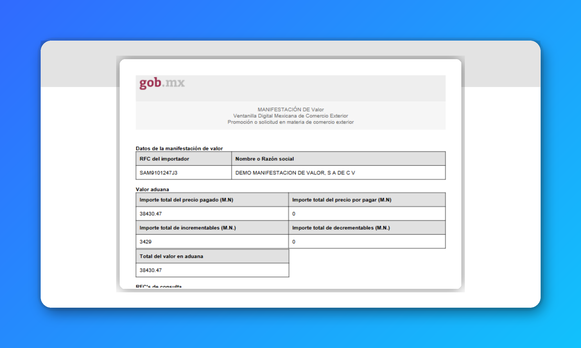 Vista previa de la Manifestación de Valor (M.V.)